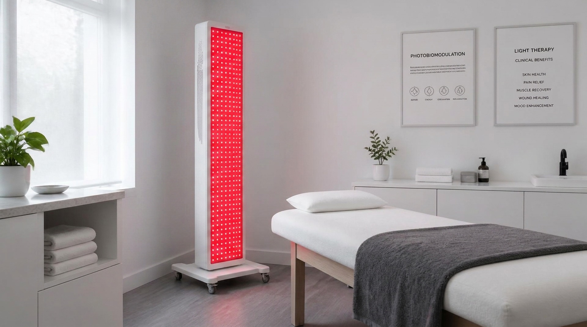 Red light therapy panel in a bright clinical treatment room